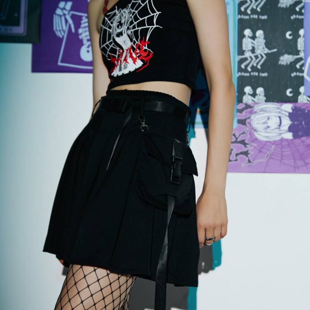 ROMWE Grunge Punk Release-Buckle Pleated Cargo Skirt, School